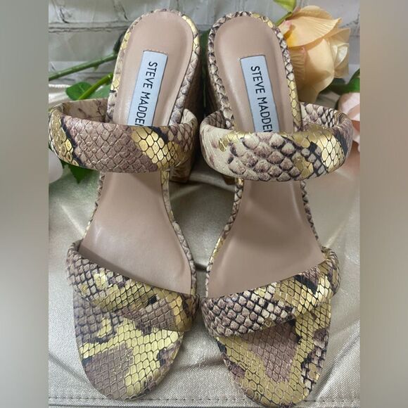 Steve Madden Women's Snakeskin Sandals - Gold and Tan - Picture 2 of 4